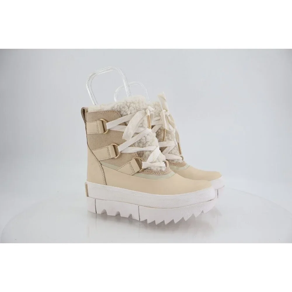 SOREL Joan of Arctic Next Boots Lug Sole Beige Leather Faux Fur Lined Size 5